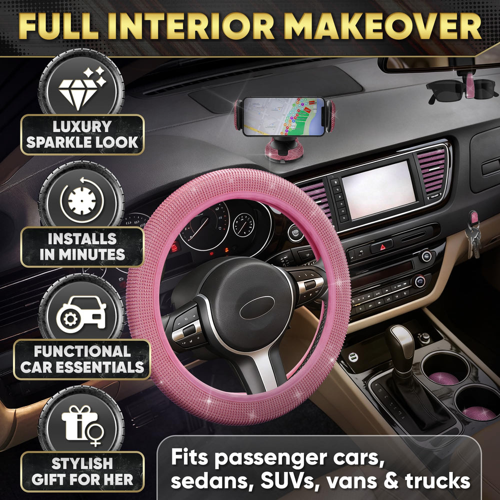 Bling Car Decor pink rear-view mirror decor creates a focal point during drives.