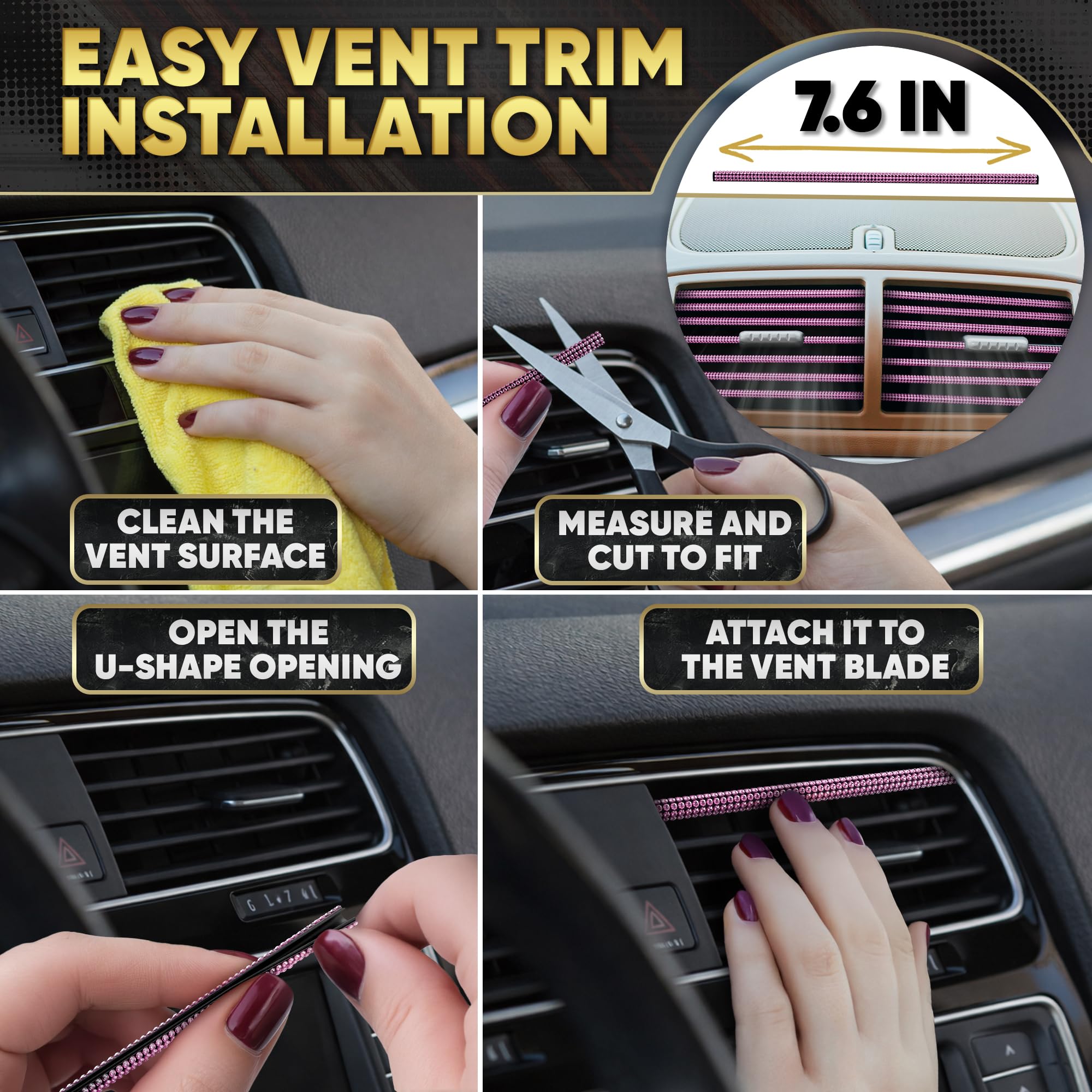 Bling Car Decor pink universal-fit set works with most passenger cars.