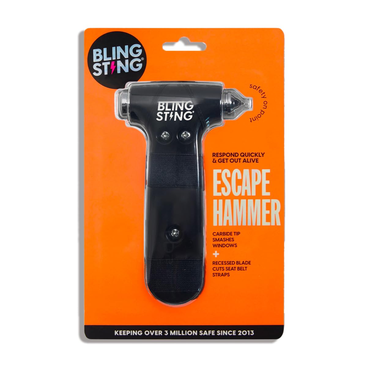 BLINGSTING safety hammer seat belt cutter enables quick vehicle exit.