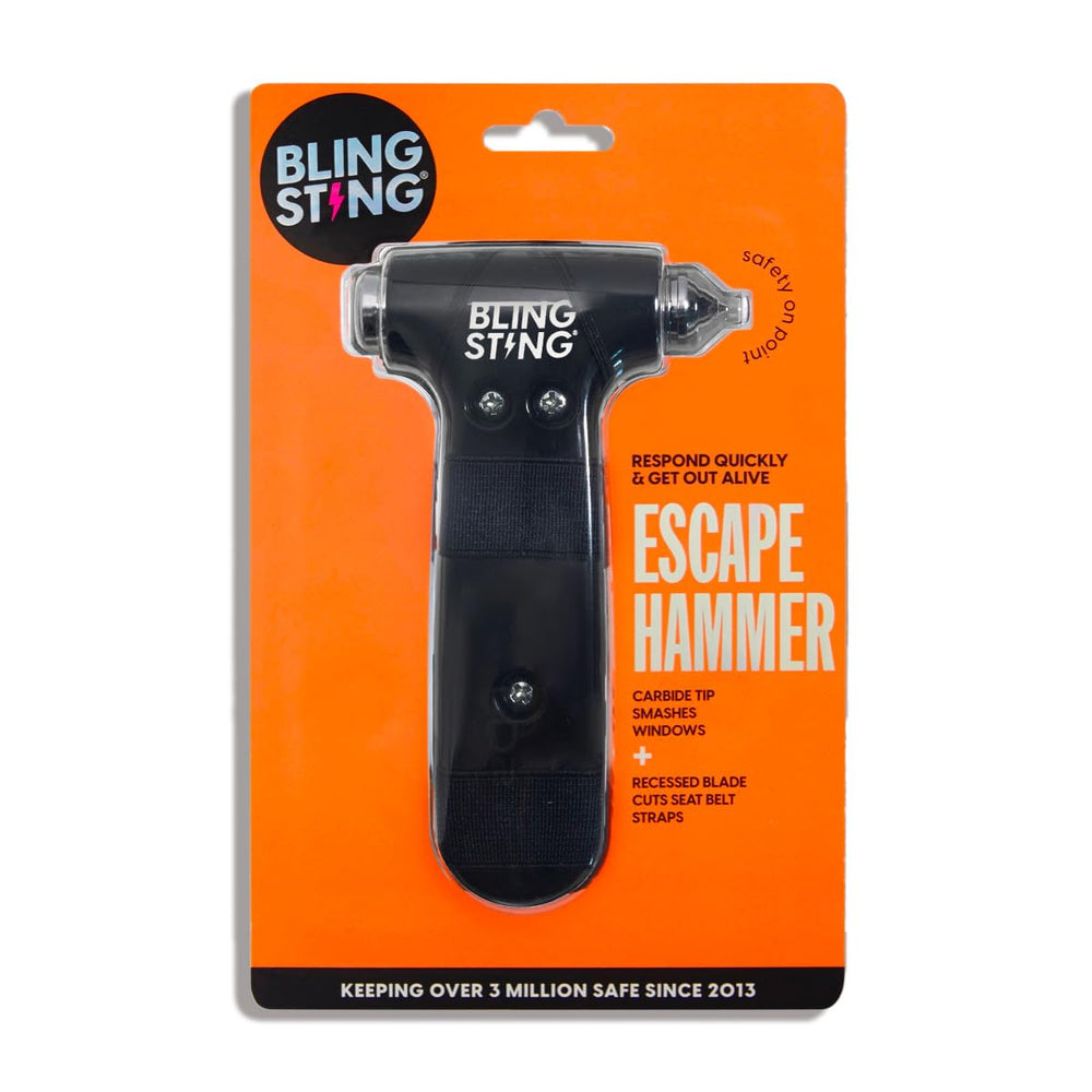 BLINGSTING safety hammer seat belt cutter enables quick vehicle exit.