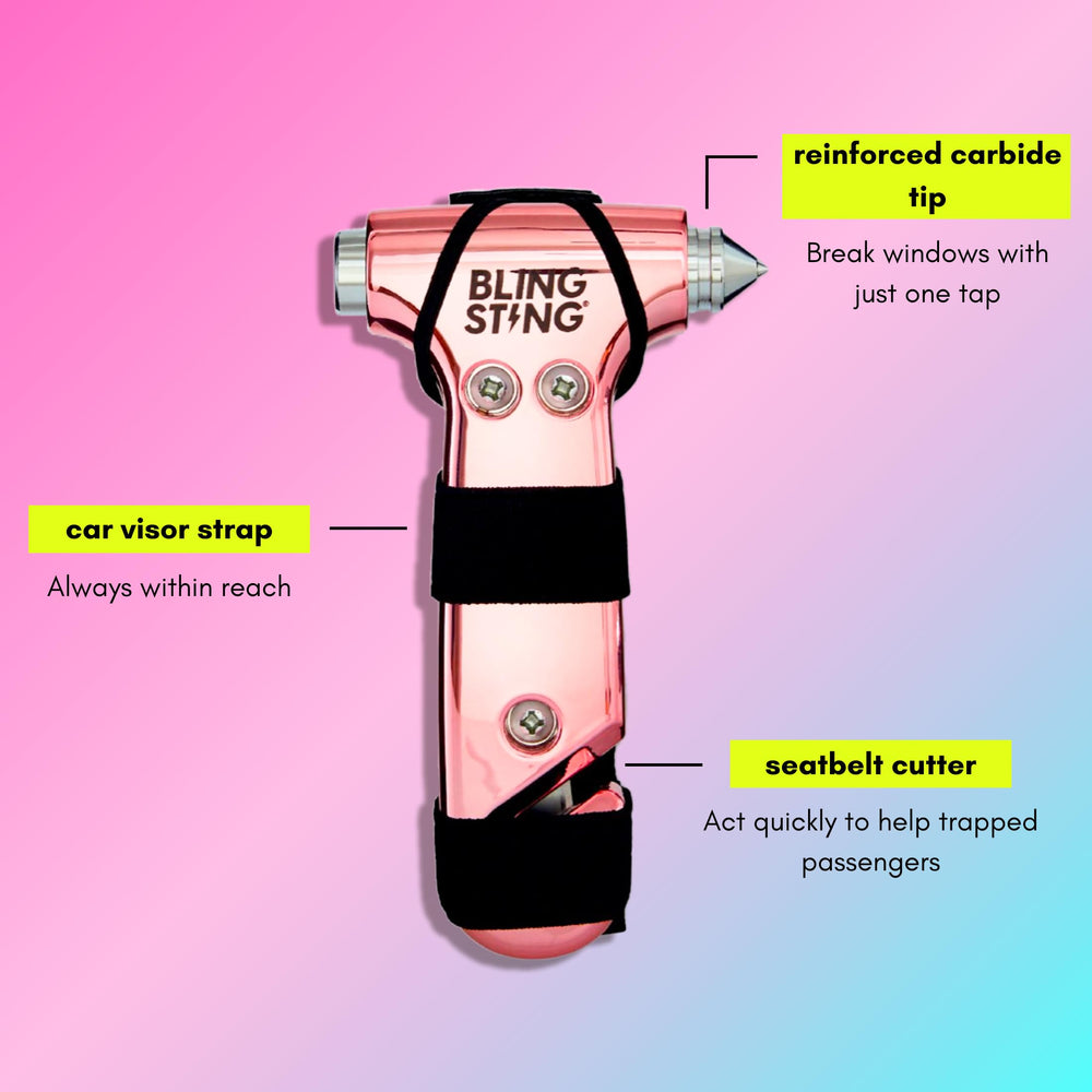 BLINGSTING safety hammer with adjustable visor strap for easy reach while driving.