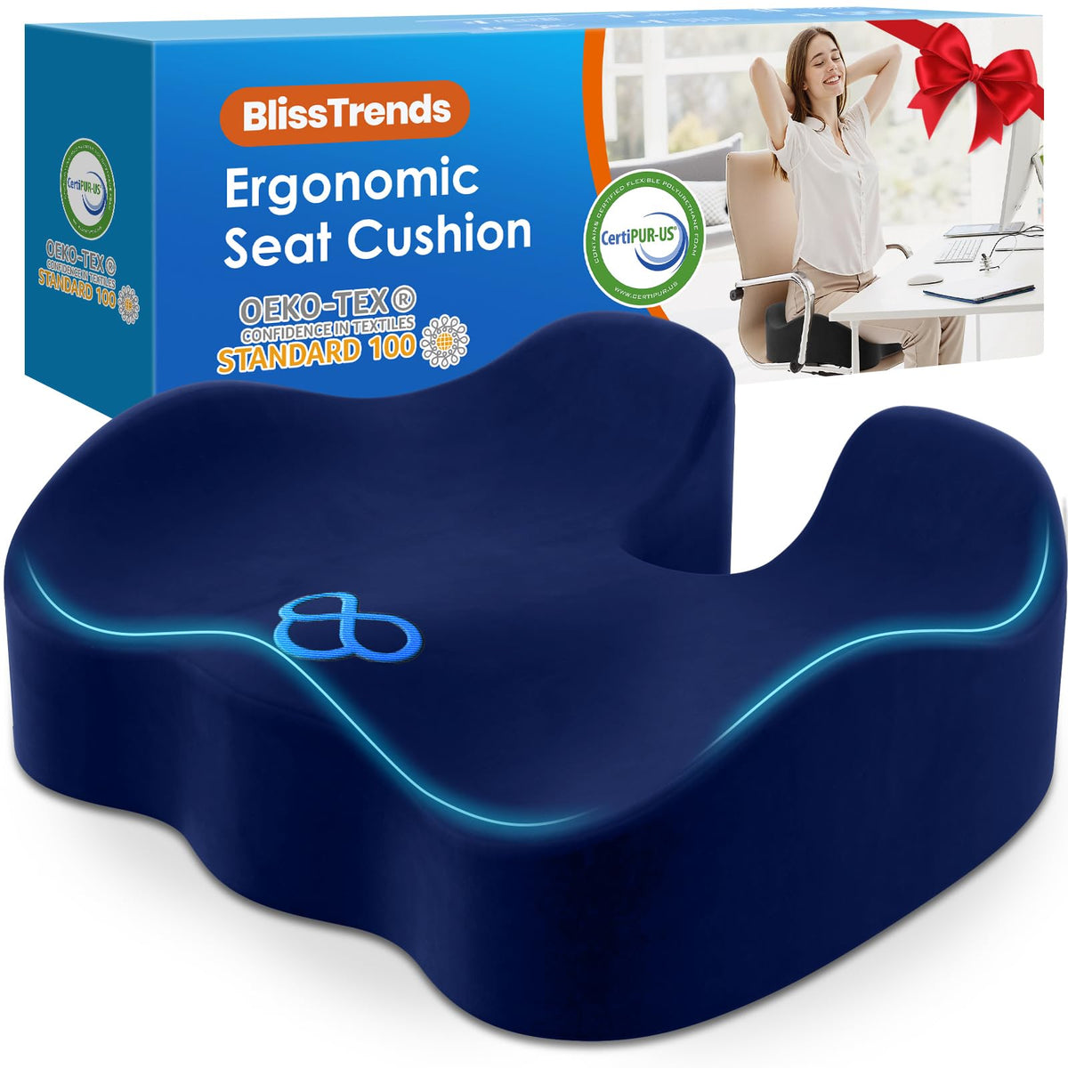 BlissTrends seat cushion showing 18 by 11 and 16 by 14 inch dimensions for extended comfort