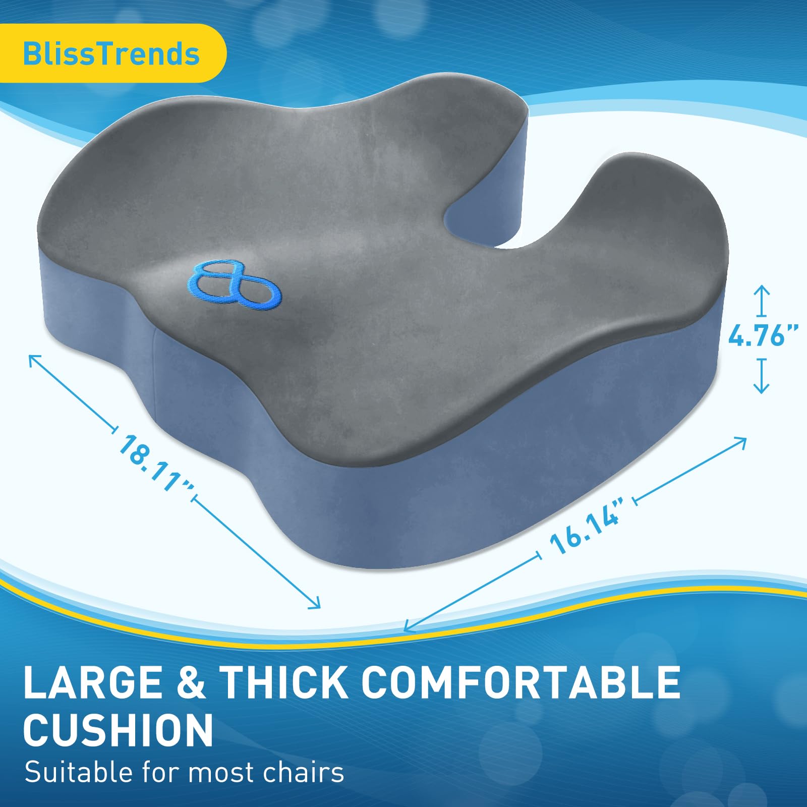 BlissTrends seat cushion on an office chair providing stable seating