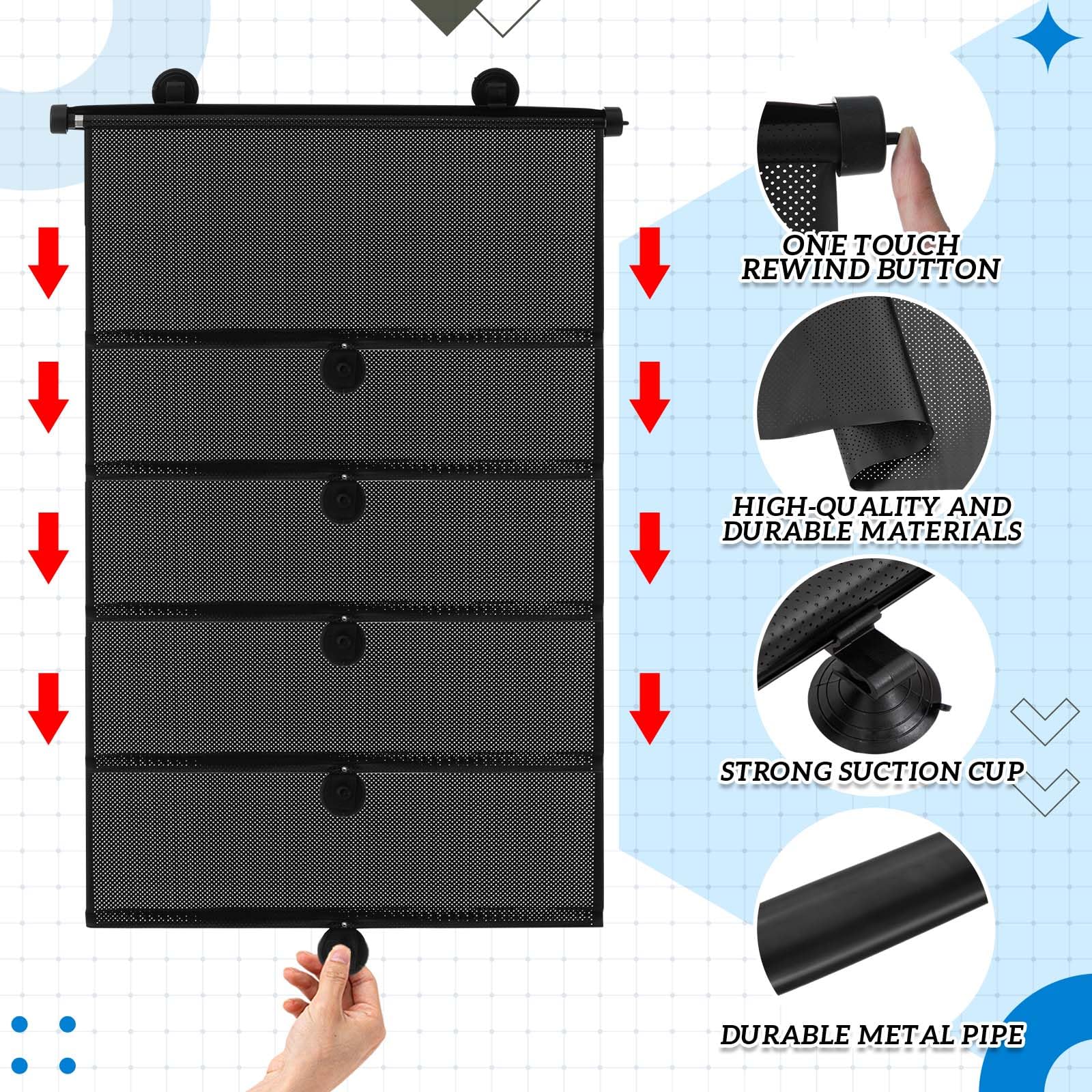 Blosssound retractable window shade mounted with enlarged suction cups for a secure fit.