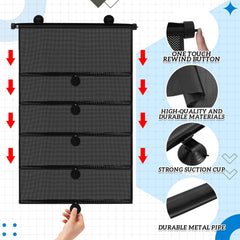 Blosssound retractable window shade mounted with enlarged suction cups for a secure fit.