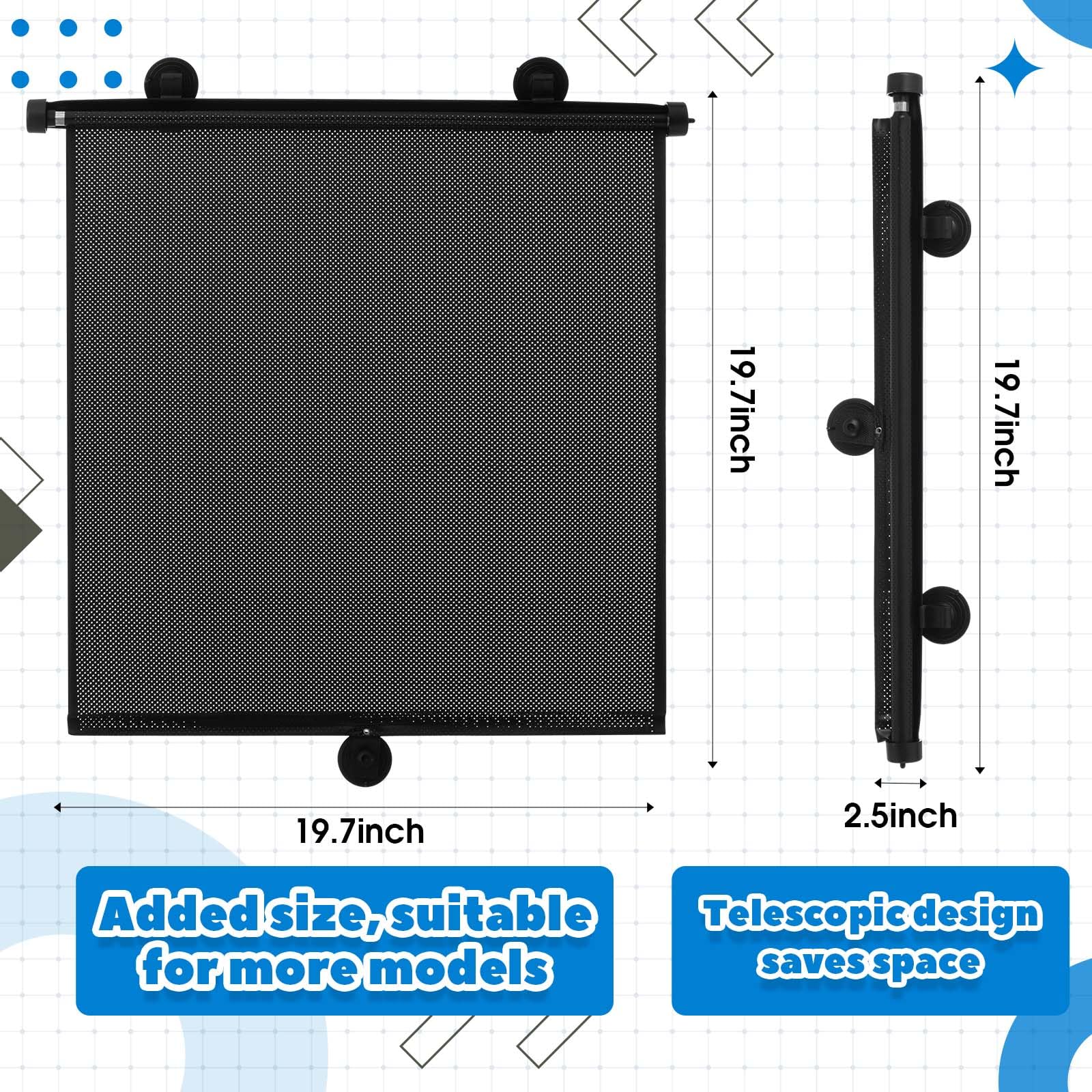 Wide 20-inch shade blocks heat and reduces glare inside the vehicle.