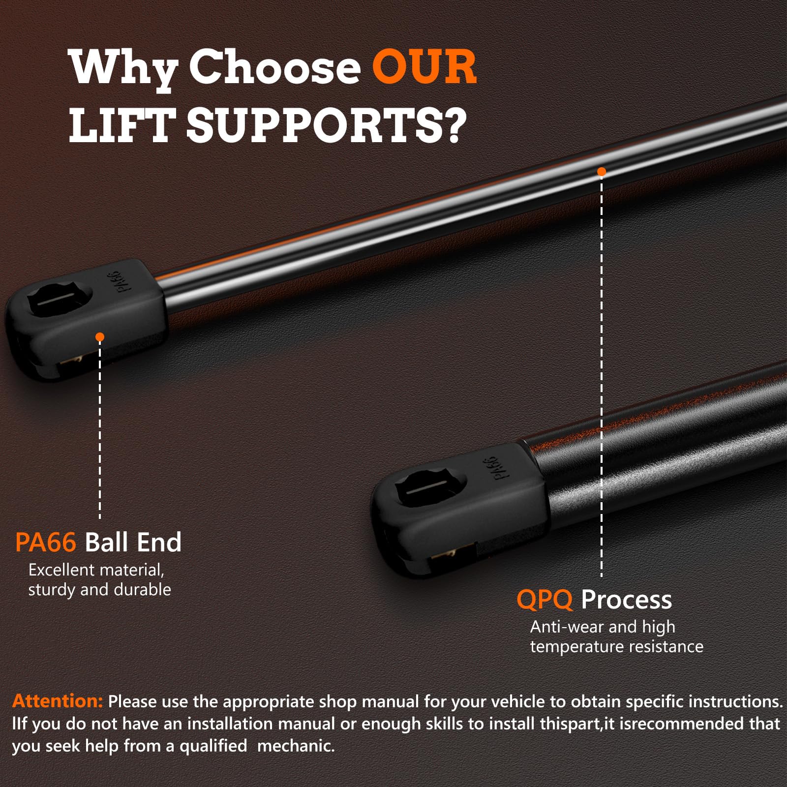 Illustration of tool-free snap-on installation for Blshwez hood struts.