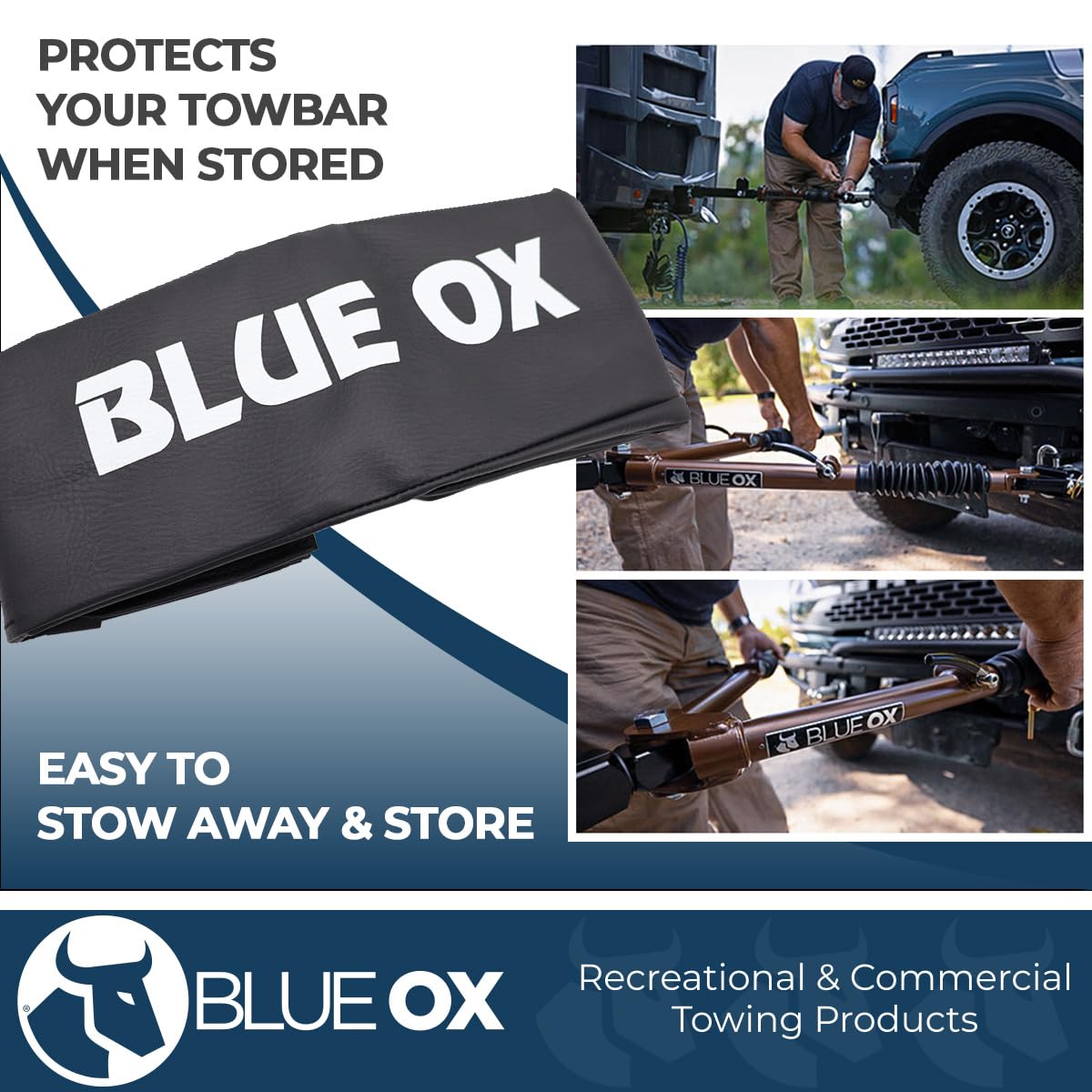 Blue Ox Tow Bar Cover on Aventa XL shields from UV exposure to extend life.