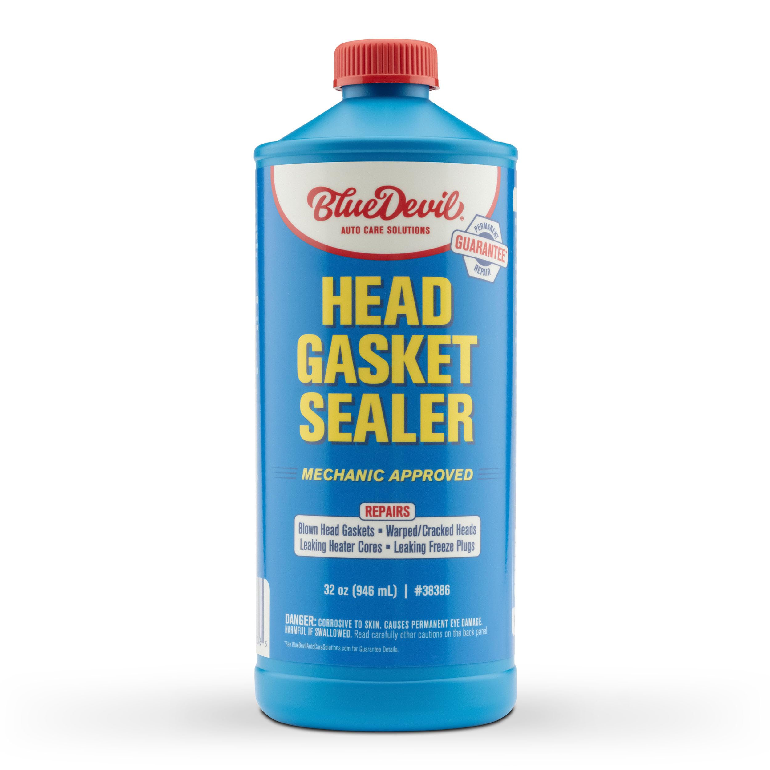 BlueDevil Head Gasket Sealer bottle demonstrates easy-to-use formula for quick leak control