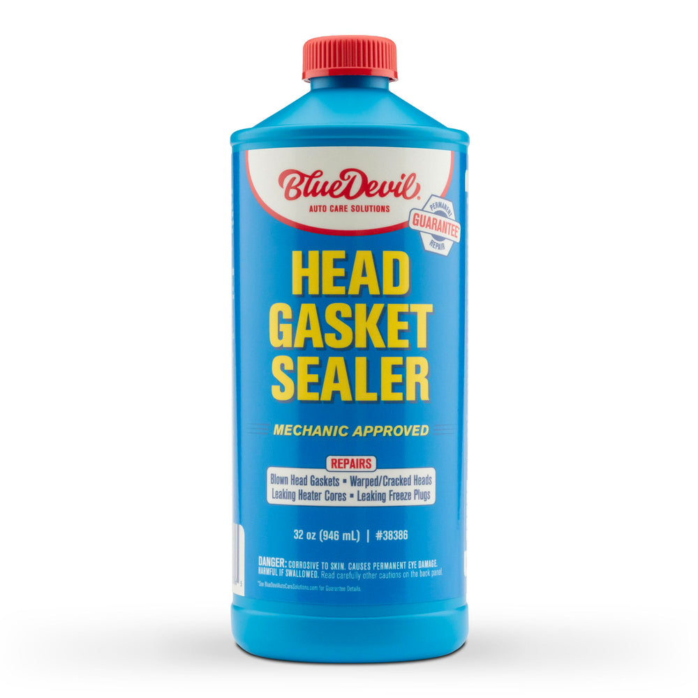 BlueDevil Head Gasket Sealer bottle demonstrates easy-to-use formula for quick leak control