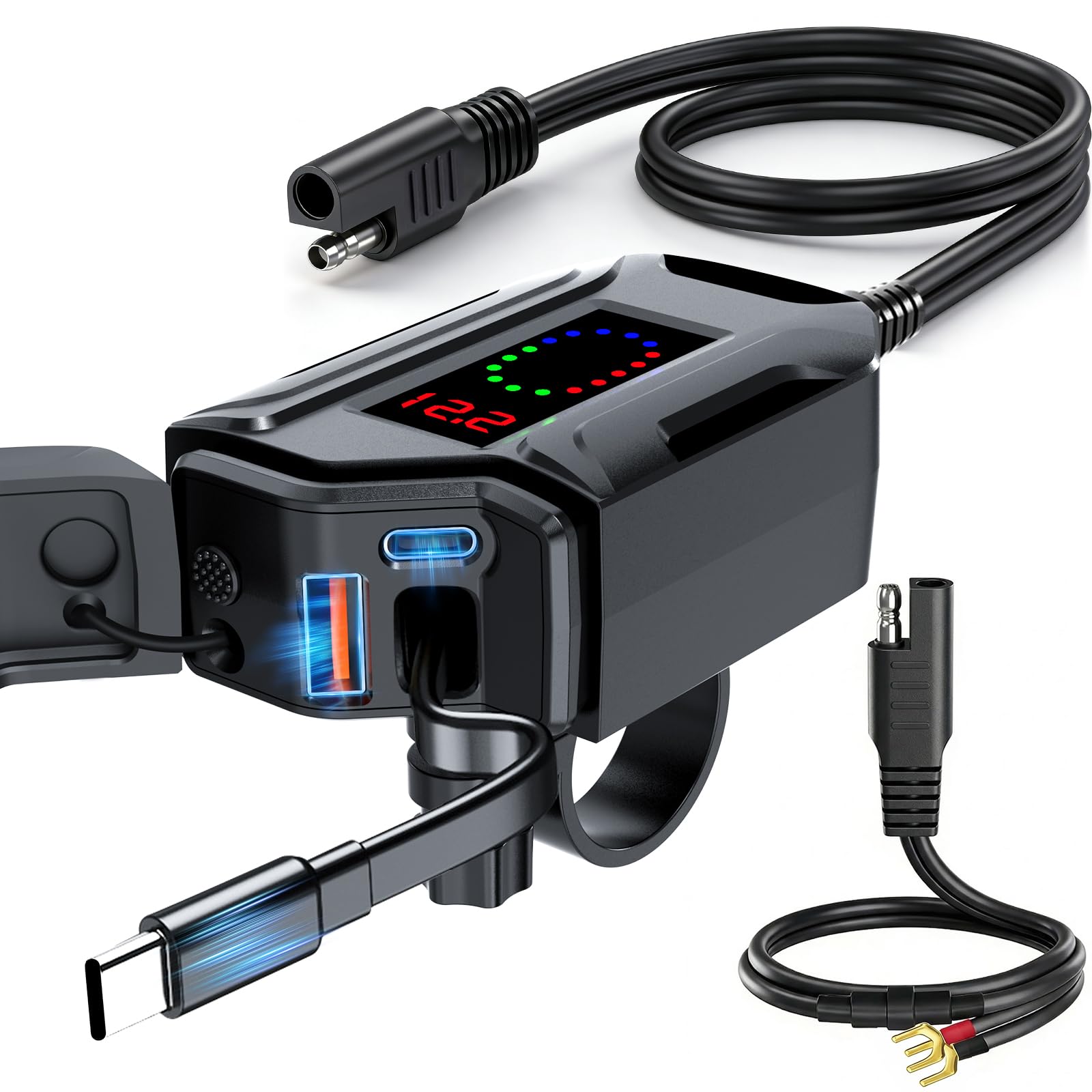 BlueFire motorcycle USB charger with 3-in-1 ports powers multiple devices on the road.
