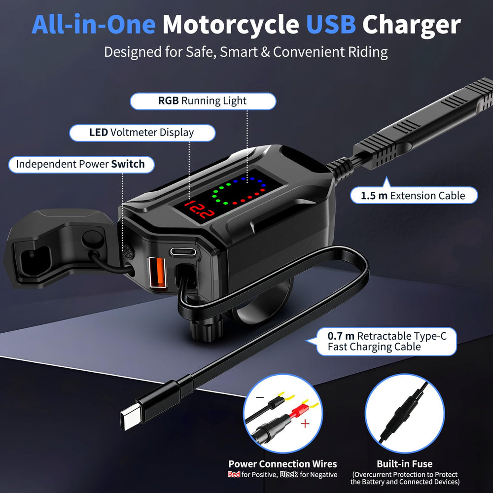 BlueFire charger shows retractable Type-C cable for flexible on-bike charging.
