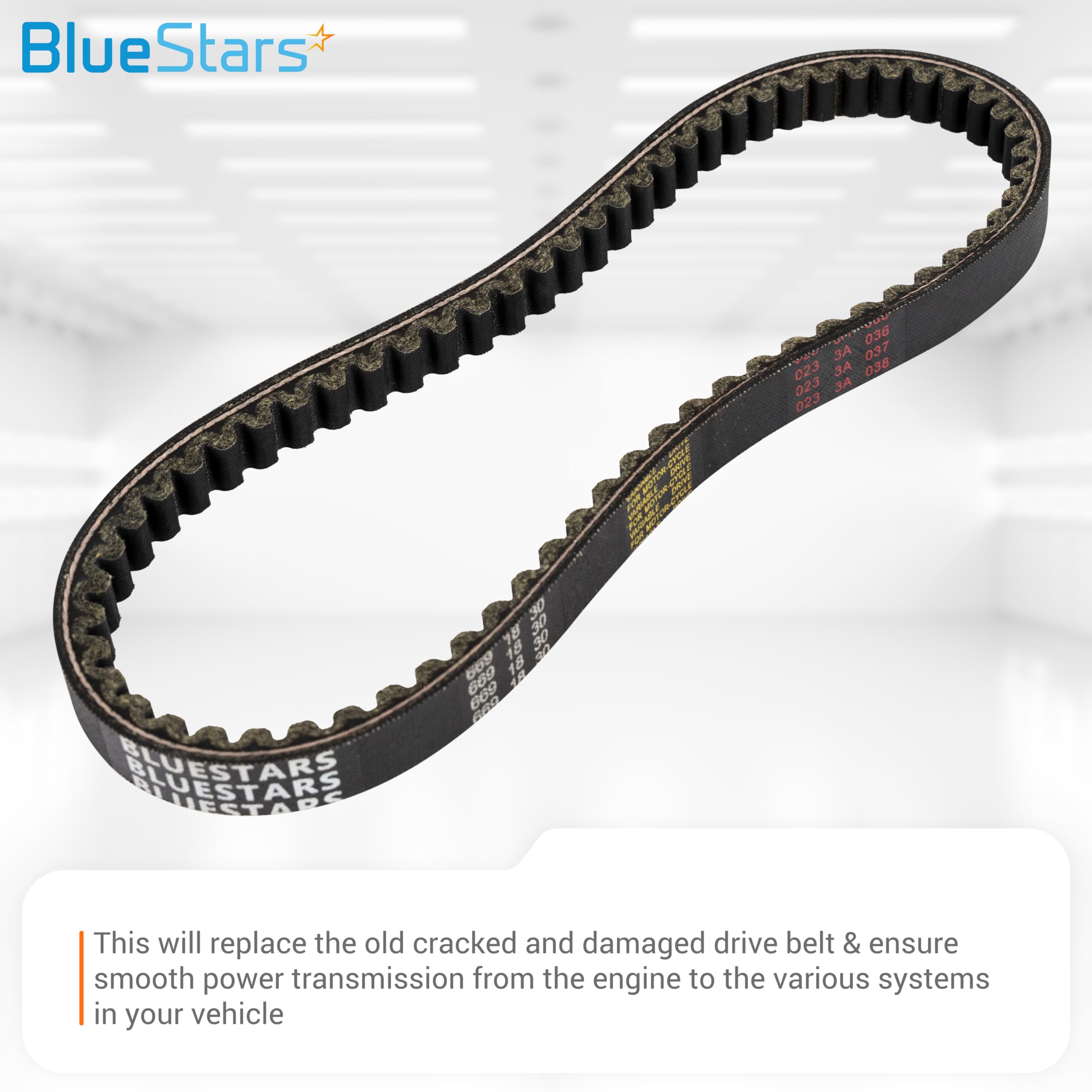 BlueStars belt close-up showing 30-degree tooth angle for smooth engagement