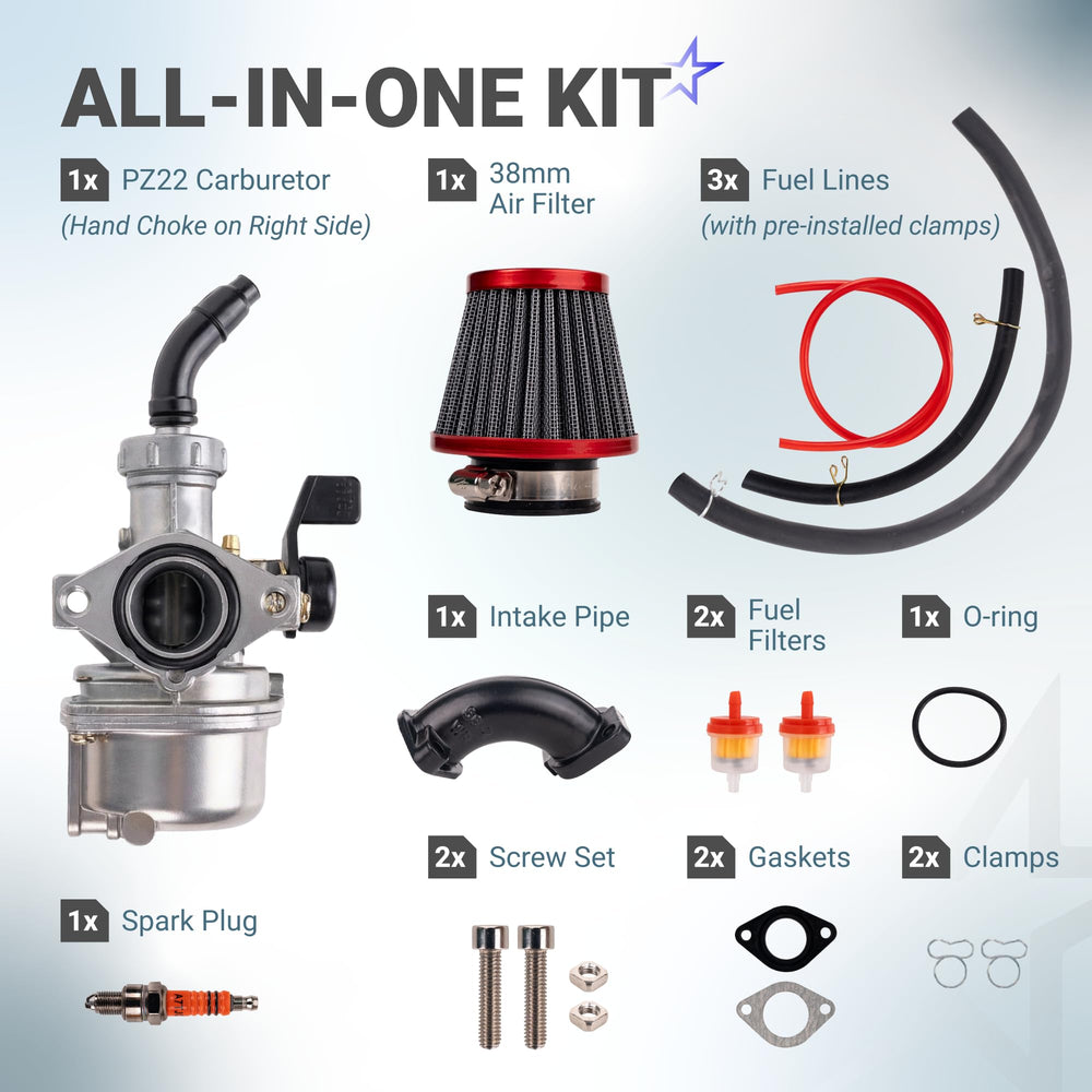 BlueStars 38mm air filter attached to carb kit enhances dust protection