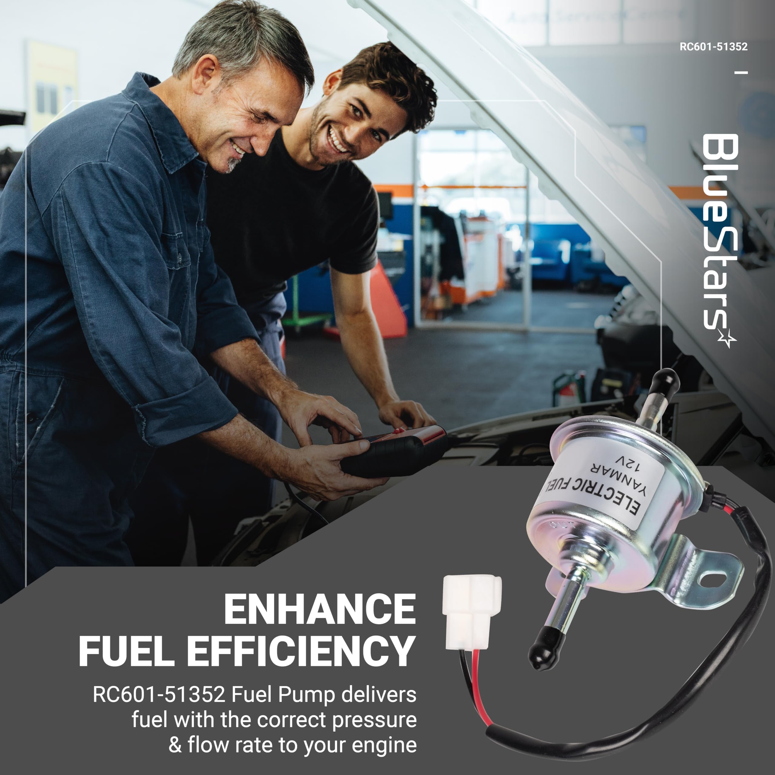BlueStars RC601-51352 12V fuel pump label and terminals for quick identification