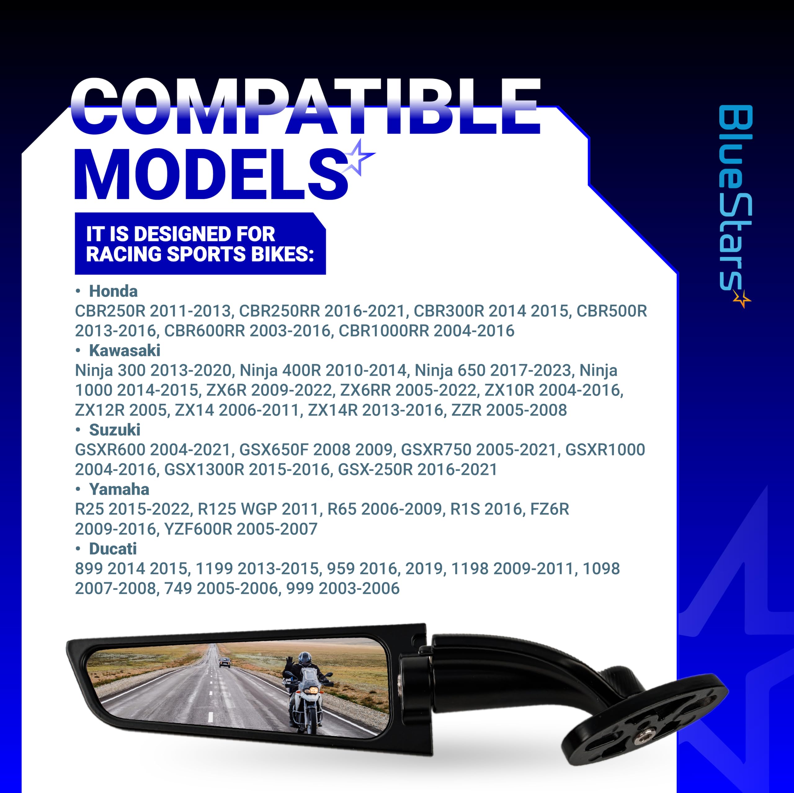 BlueStars Stealth convex lens reduces blind spots for safer road awareness.