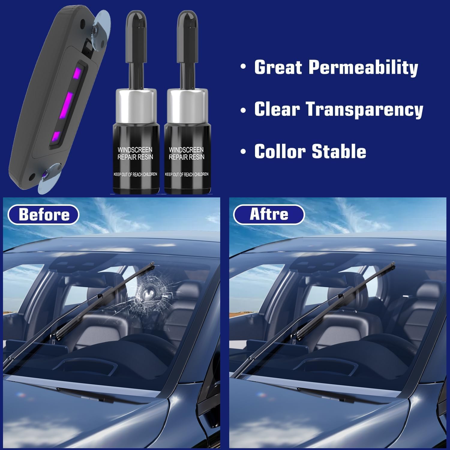 BLUTOKS Windshield Repair Kit UV curing light speeds 5–10 minute cure