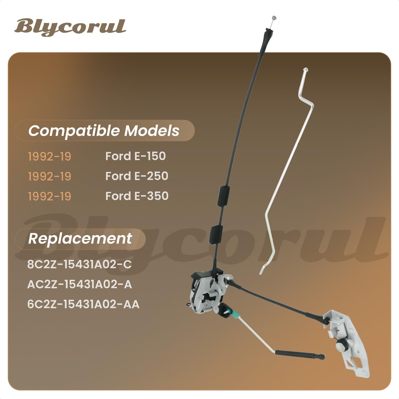 Blycorul cargo door latch with cable and rod provides secure access for Ford E-Series.