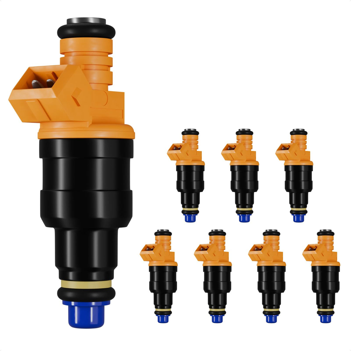 Blycorul fuel injectors 8-piece kit laid out for easy installation and fit.