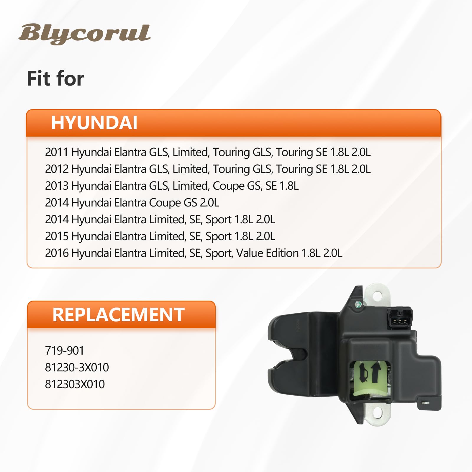 Blycorul Hyundai Elantra trunk actuator installed for direct replacement.