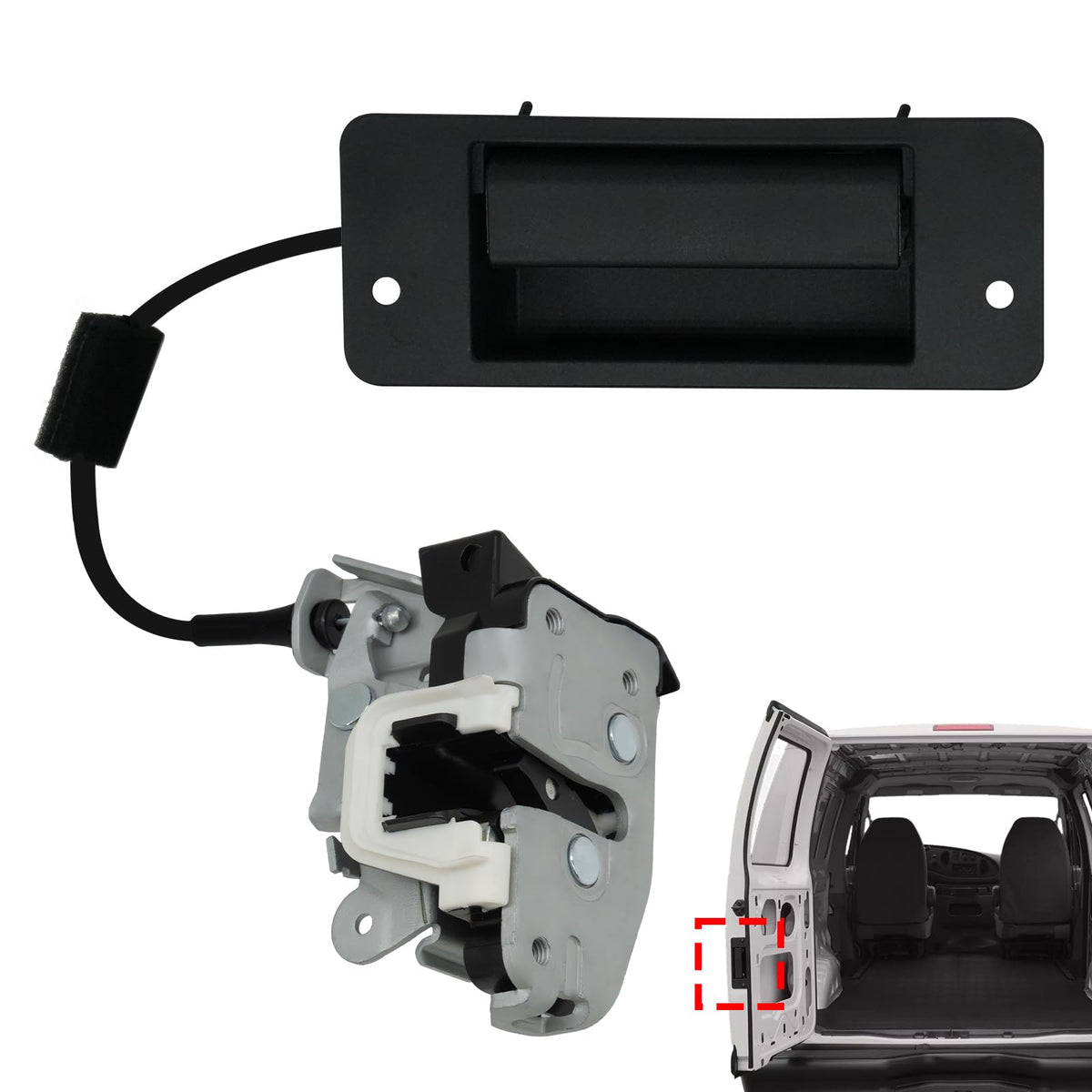 Blycorul left driver side rear door latch with handle shown on Ford E-Series for secure cargo access.