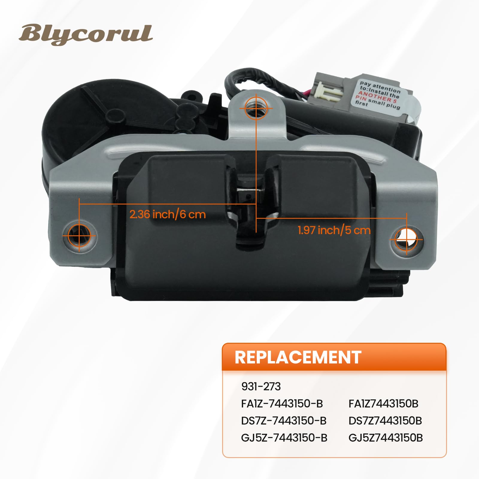 Blycorul liftgate lock actuator OE replacement label close-up confirms compatibility with 931-273.