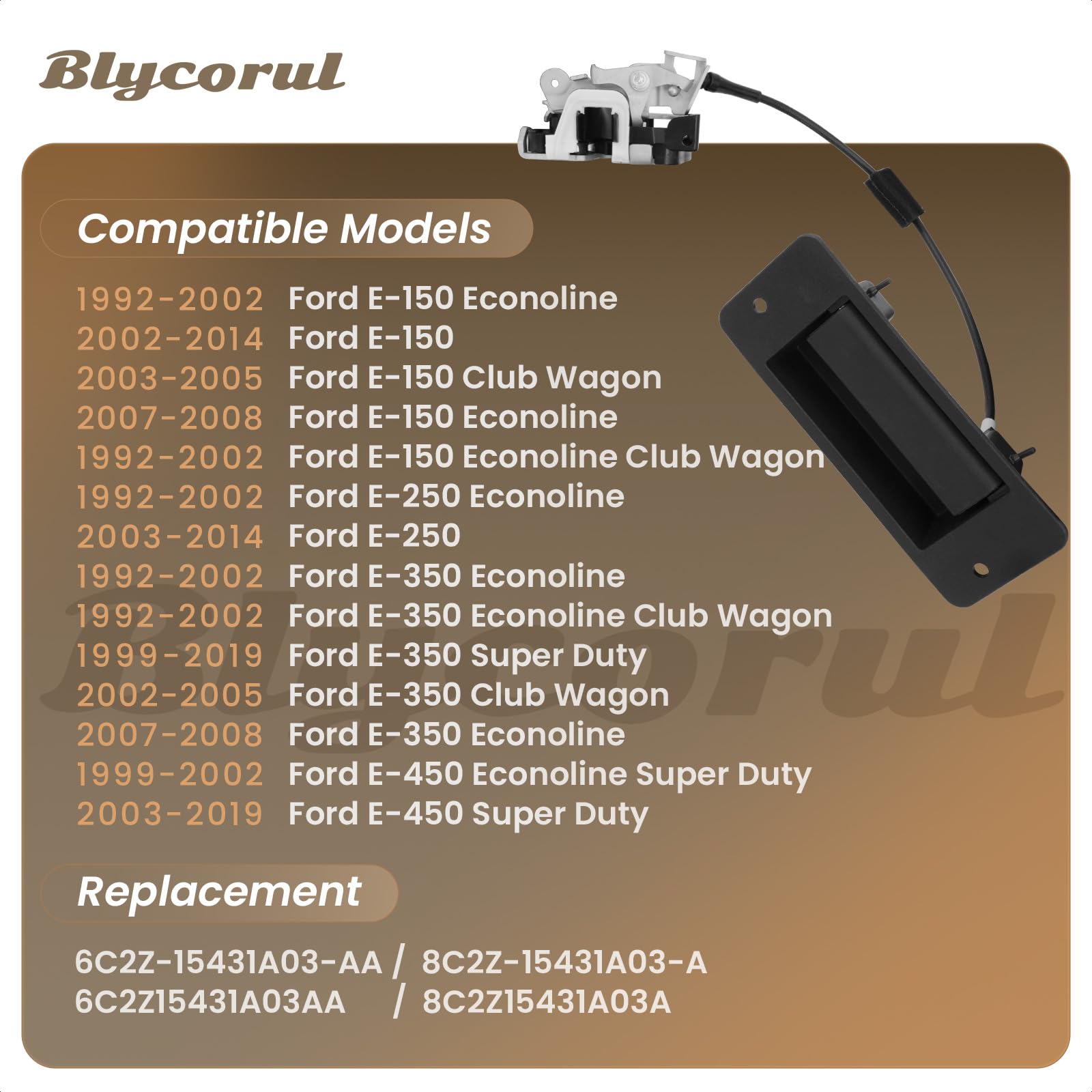 Close-up of Blycorul rear cargo latch for 1992-2008 E150/E250/E350 Econoline, easy replacement.