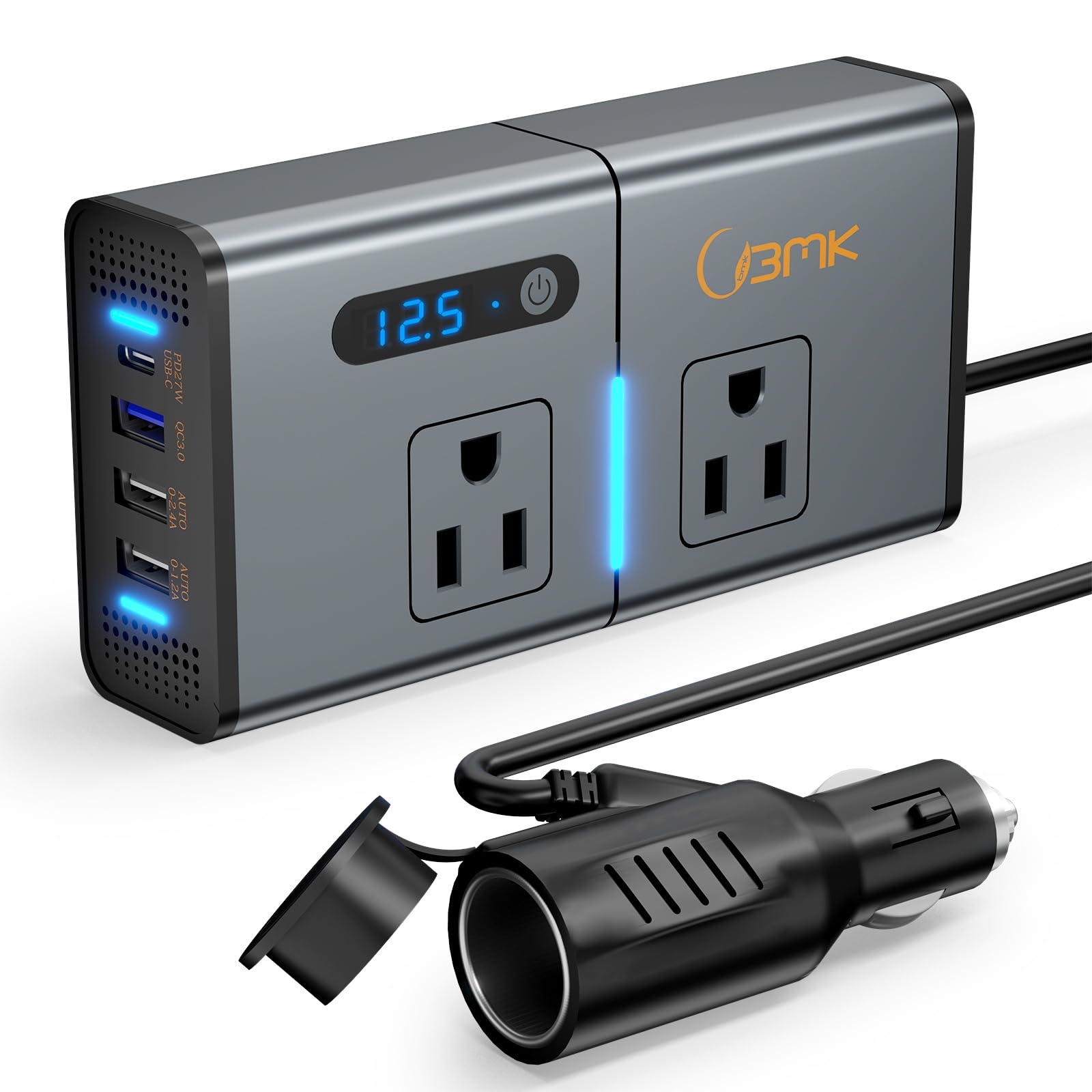 BMK 200W 7-in-1 car inverter front view with dual AC outlets for charging.