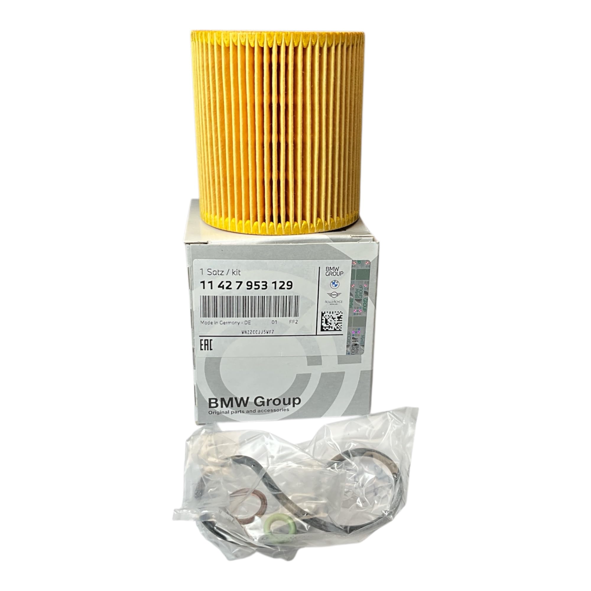 BMW oil filter element closeup showing OEM construction for reliable engine protection.
