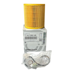 BMW oil filter element closeup showing OEM construction for reliable engine protection.