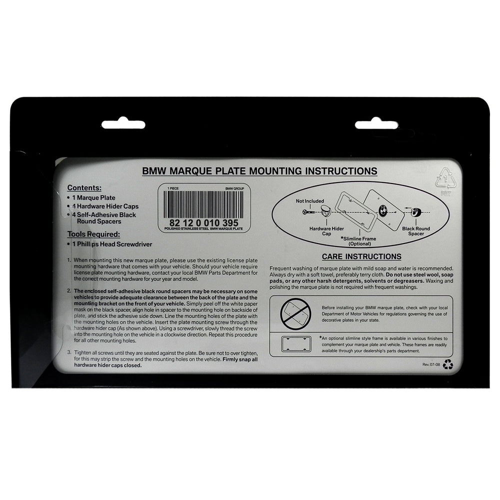 BMW license plate frame close-up stainless detail emphasizes corrosion resistance