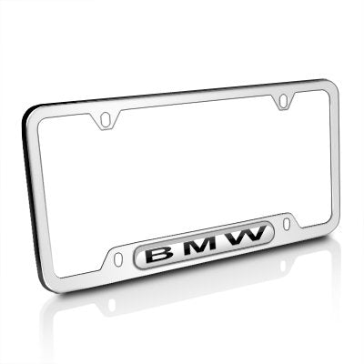BMW license plate frame front view in stainless steel showing rust resistance