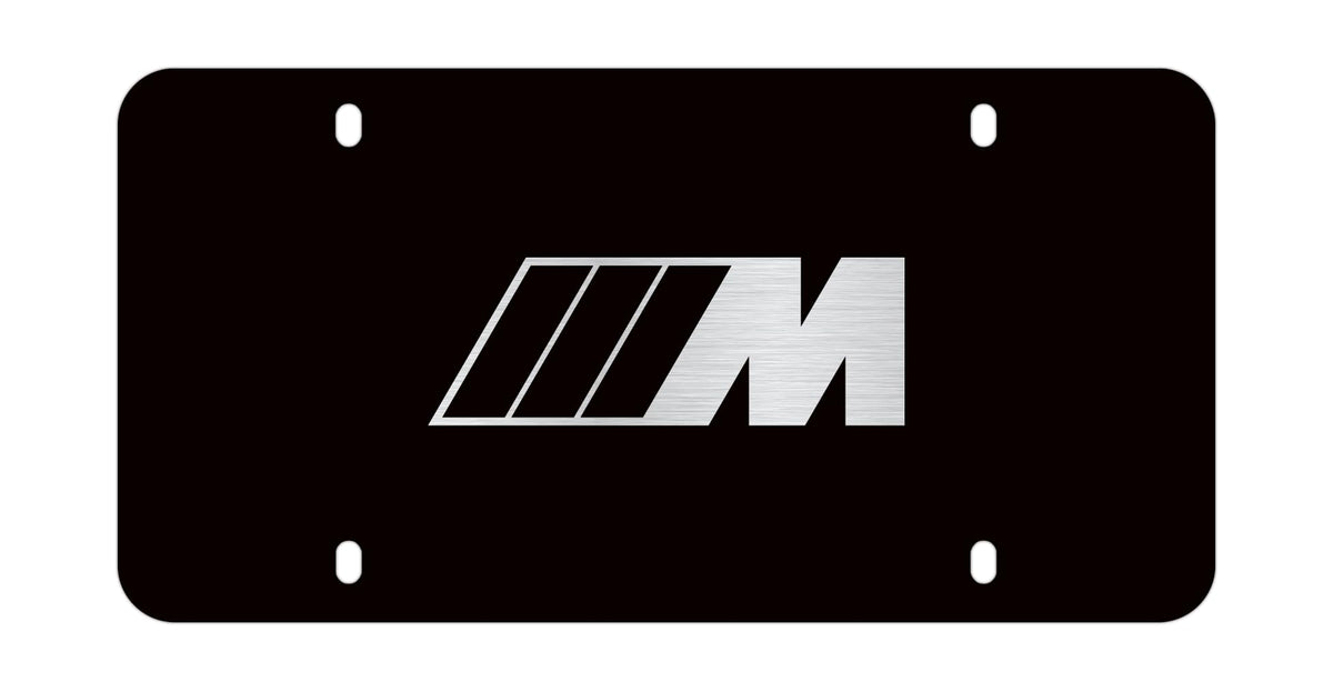 BMW M logo marque plate in stainless steel with black finish, enhances door sill style and protection.