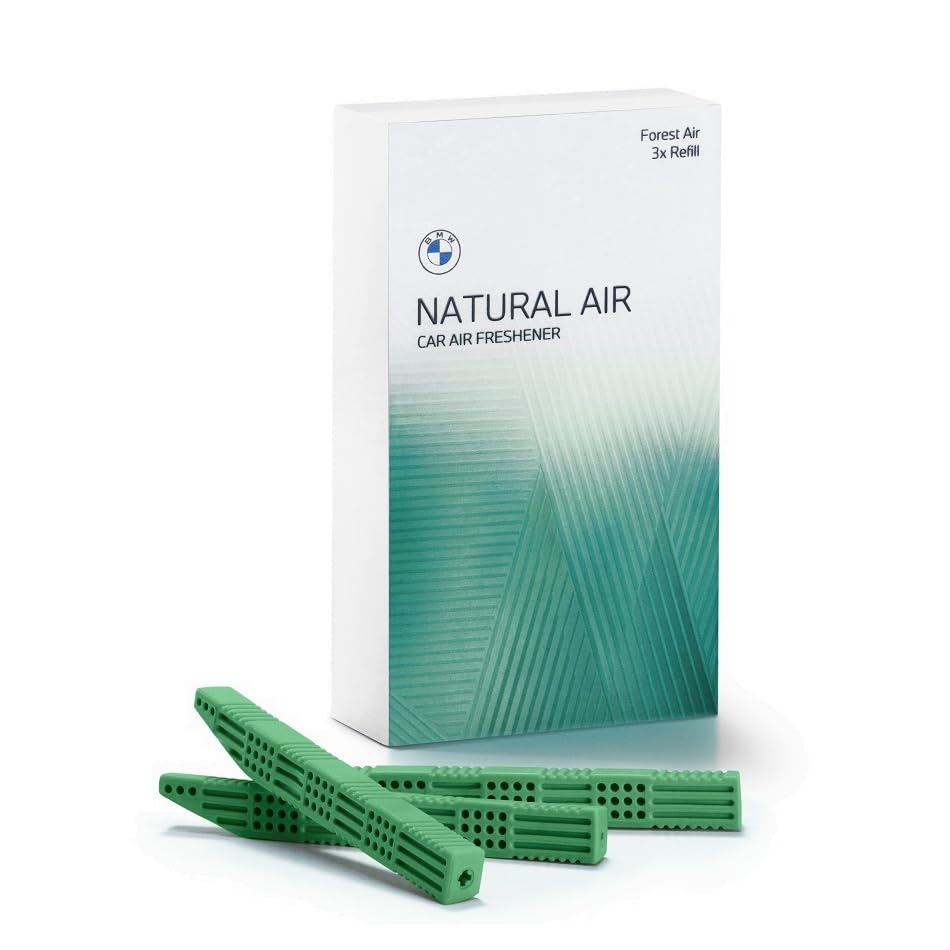 BMW Forest Air refill shown with a car interior diffuser for a woody, refreshing scent.