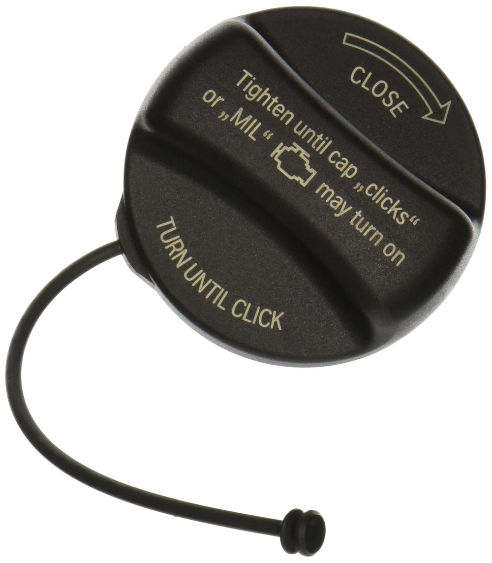 BMW genuine fuel filler cap front view showing OEM fit and seal benefits.