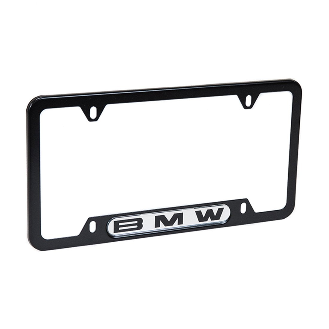 BMW license plate frame in black showcasing OEM quality and corrosion-resistant stainless steel.
