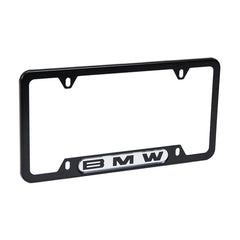 BMW license plate frame in black showcasing OEM quality and corrosion-resistant stainless steel.