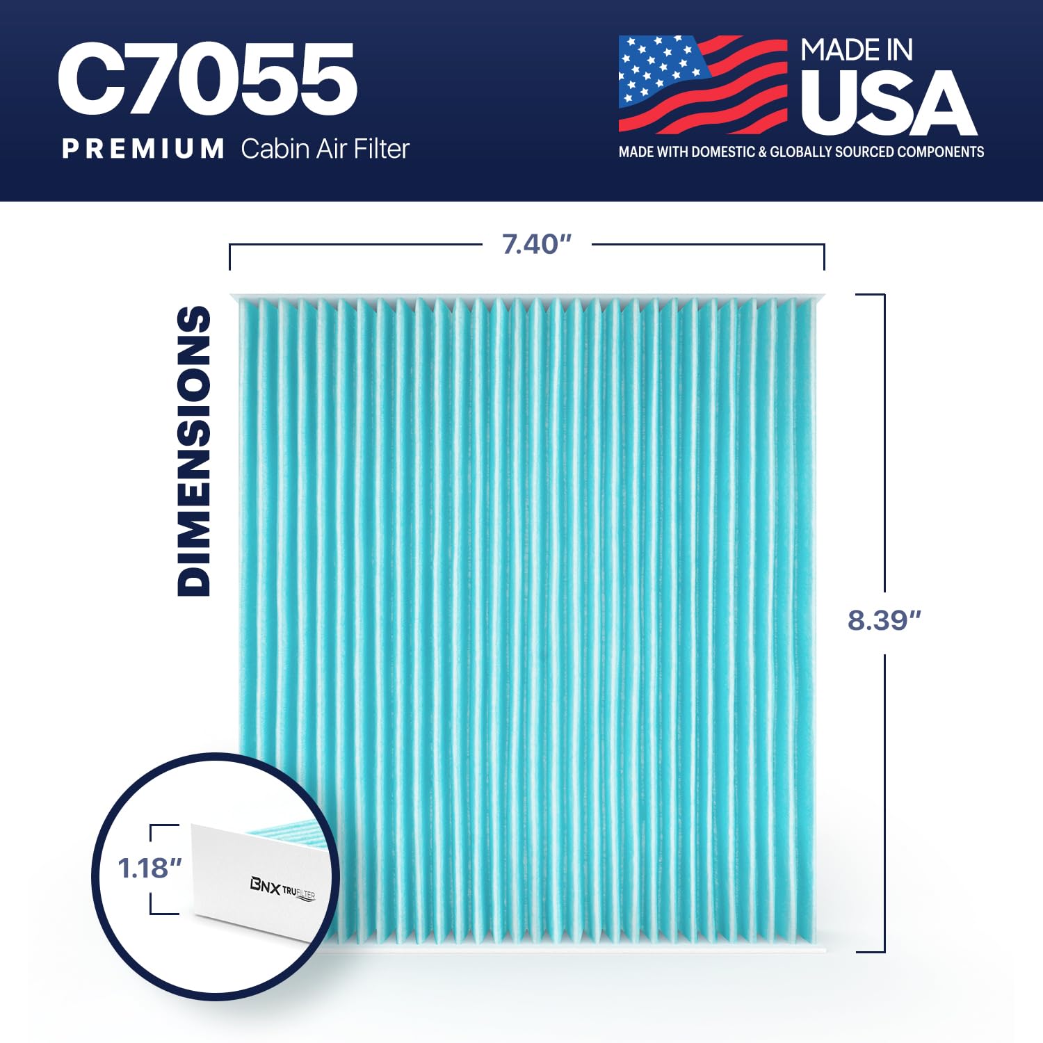 BNX TruFilter C7055 packaging shows USA-made seal and safety standards