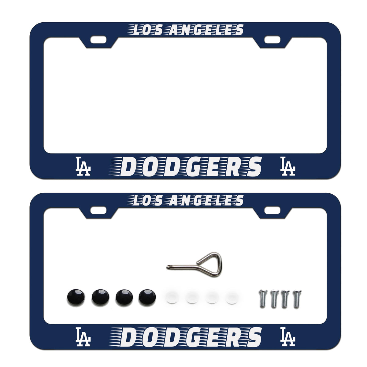 BOARLIDA Dodgers license frame front view highlights durable stainless steel protection.