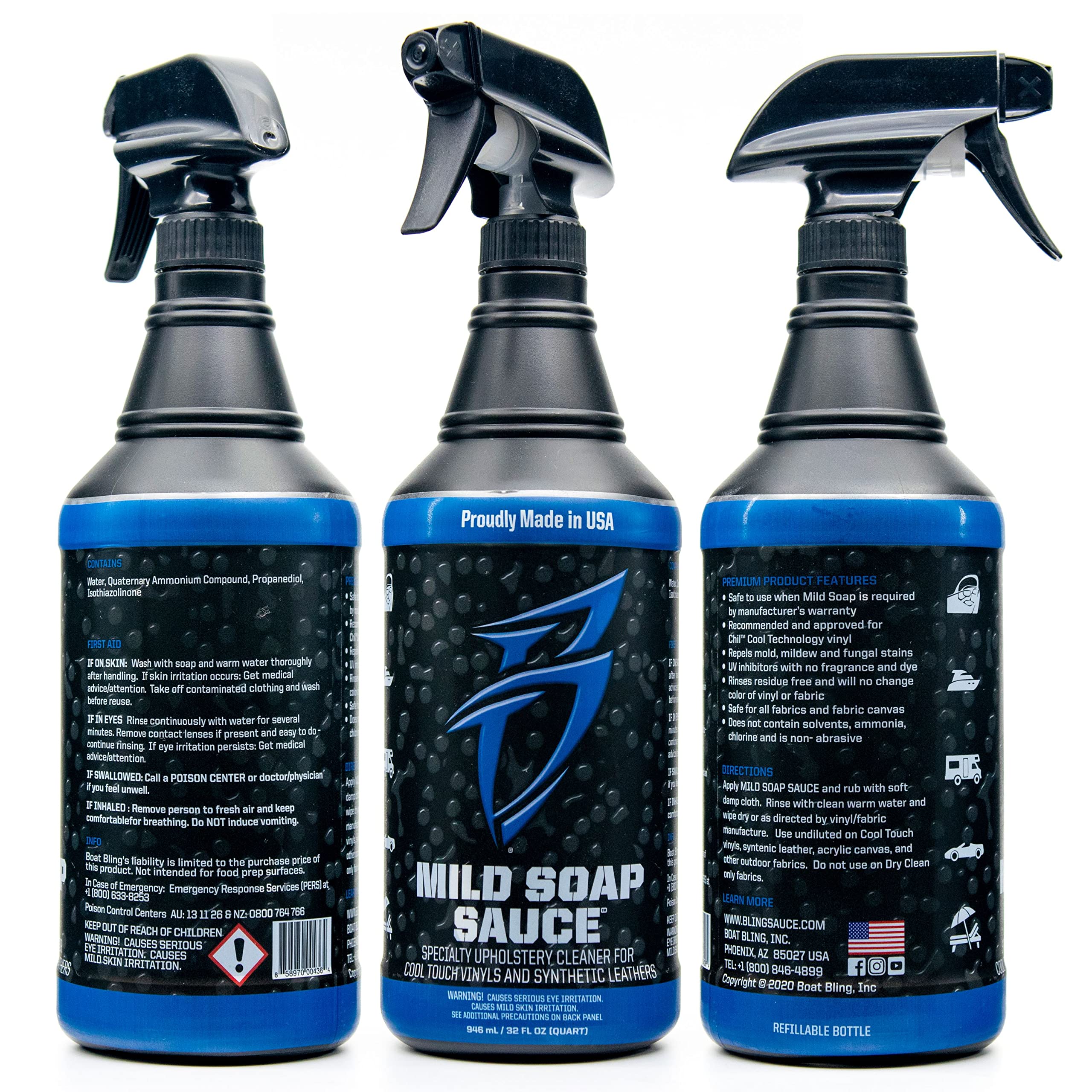 Bling Sauce vinyl cleaner spray shown for marine interiors.