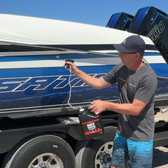 Boat Bling hard water spot remover in action on marine surfaces