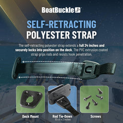 BoatBuckle retractable strap extended for quick rod access on a moving boat.