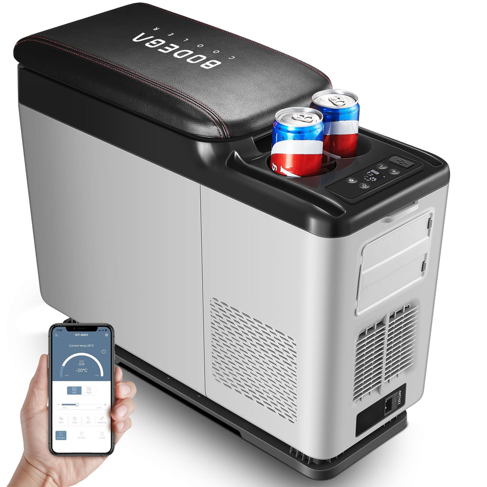BODEGA 12V car fridge armrest installation for easy access on trips.