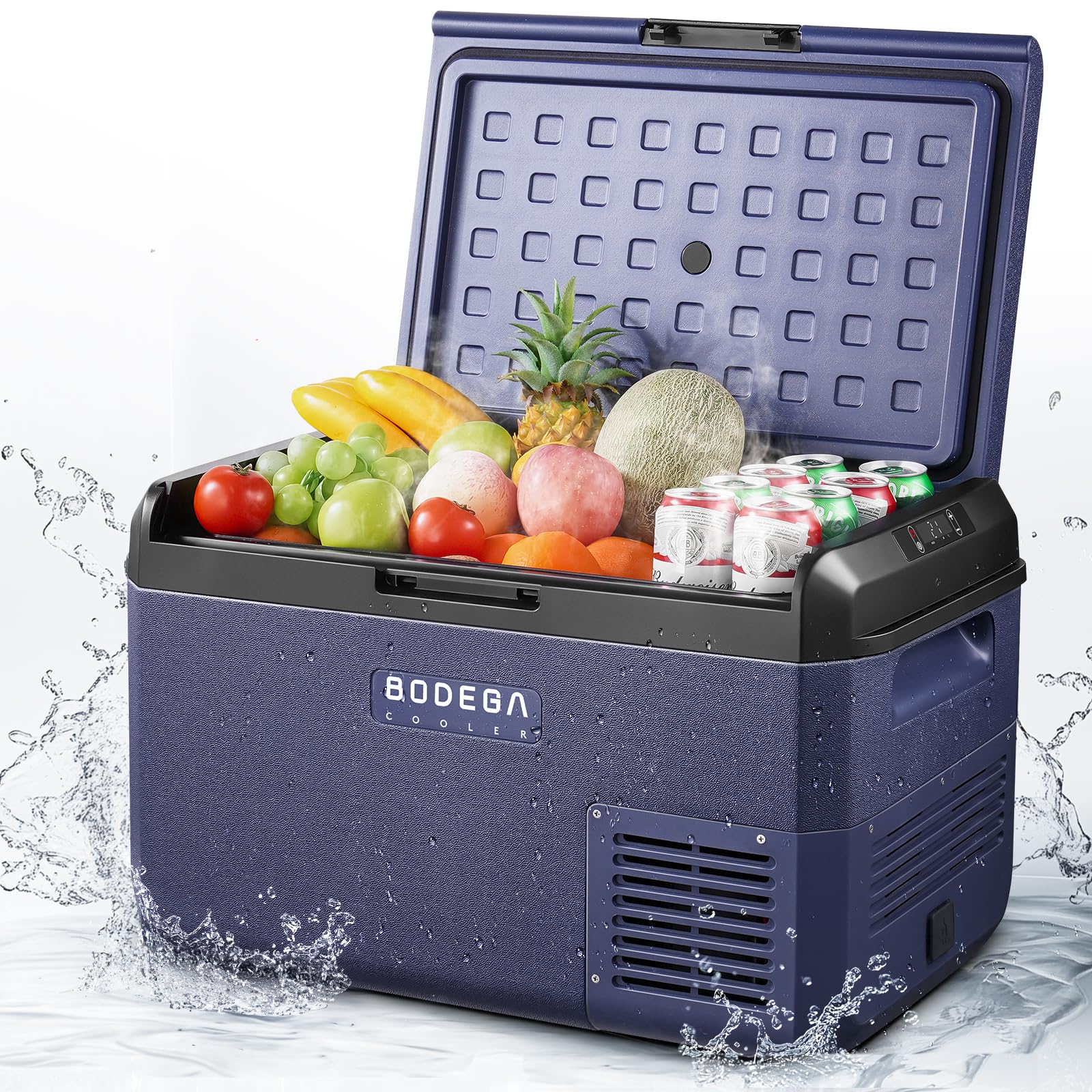BODEGACOOLER 12V car fridge front view, space-saving cooling for road trips