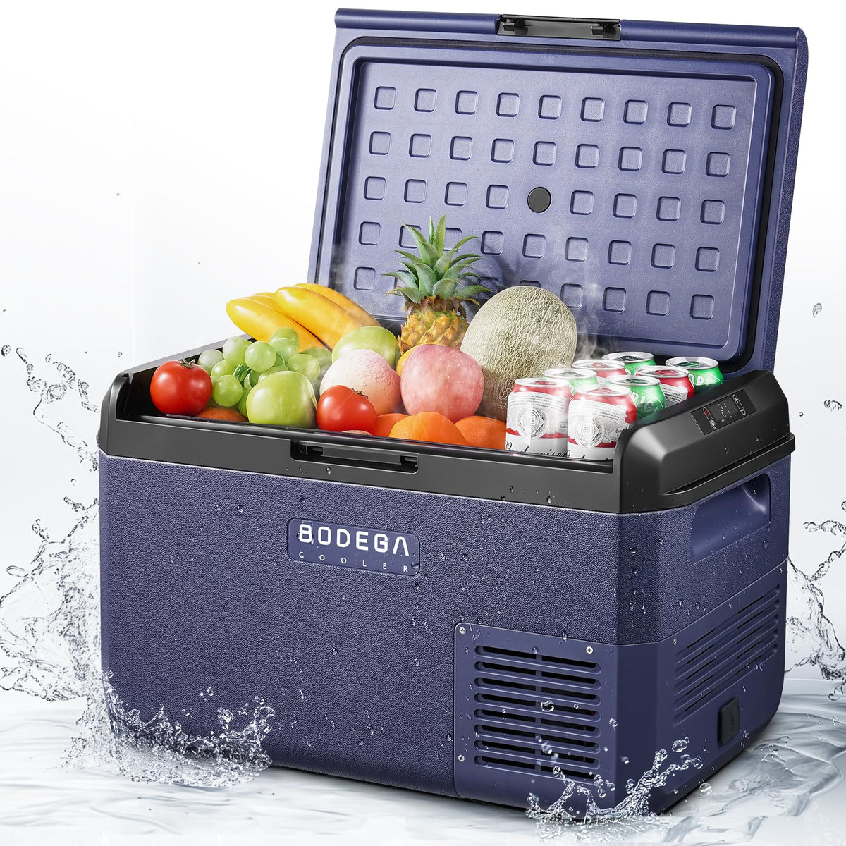 BODEGACOOLER 12V car fridge front view, space-saving cooling for road trips