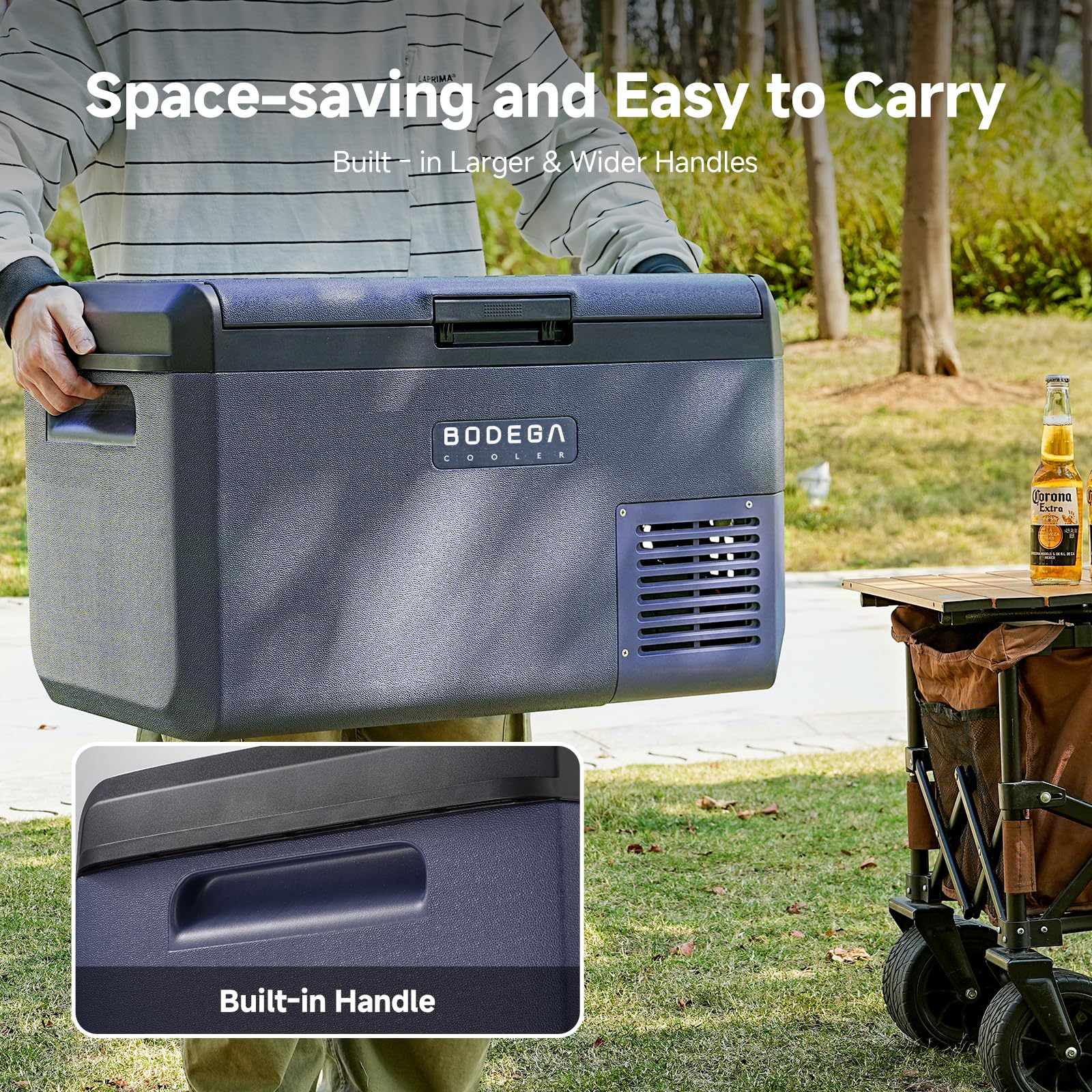 BODEGACOOLER triple power ports, flexible charging for camping trips