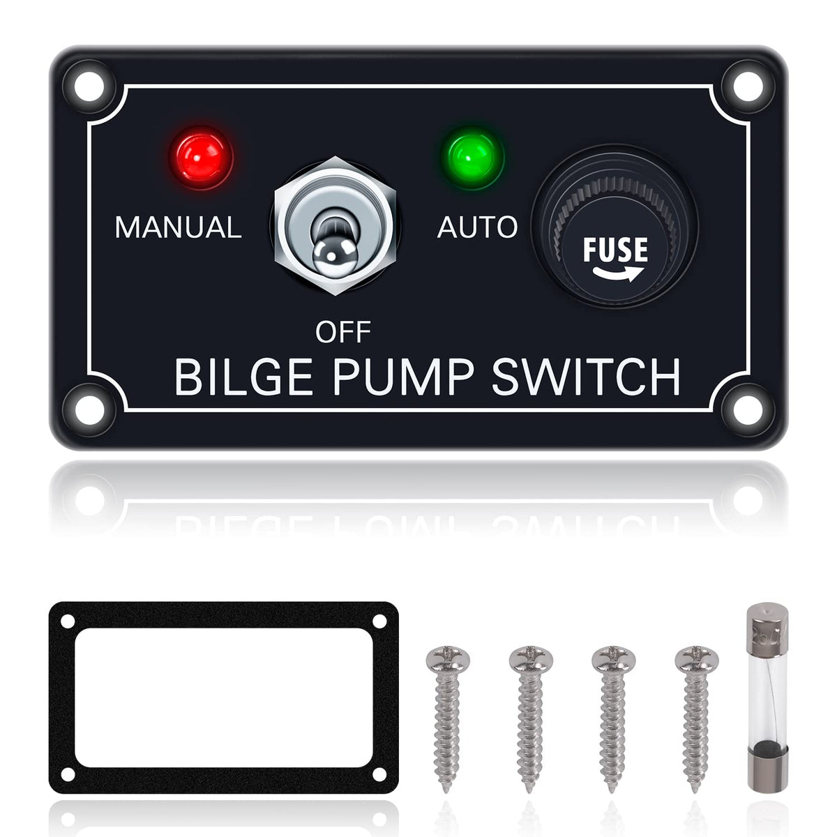 Boeray bilge pump switch panel front view showing compact marine design and fuse protection
