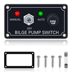 Boeray bilge pump switch panel front view showing compact marine design and fuse protection