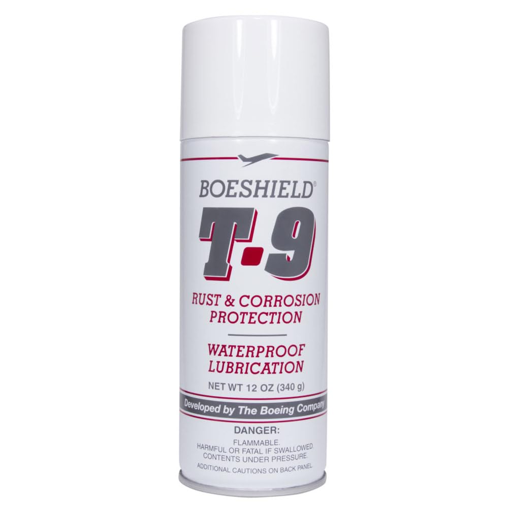 Boeshield T-9 bottle applying a protective wax film to metal surfaces, reducing rust risk.