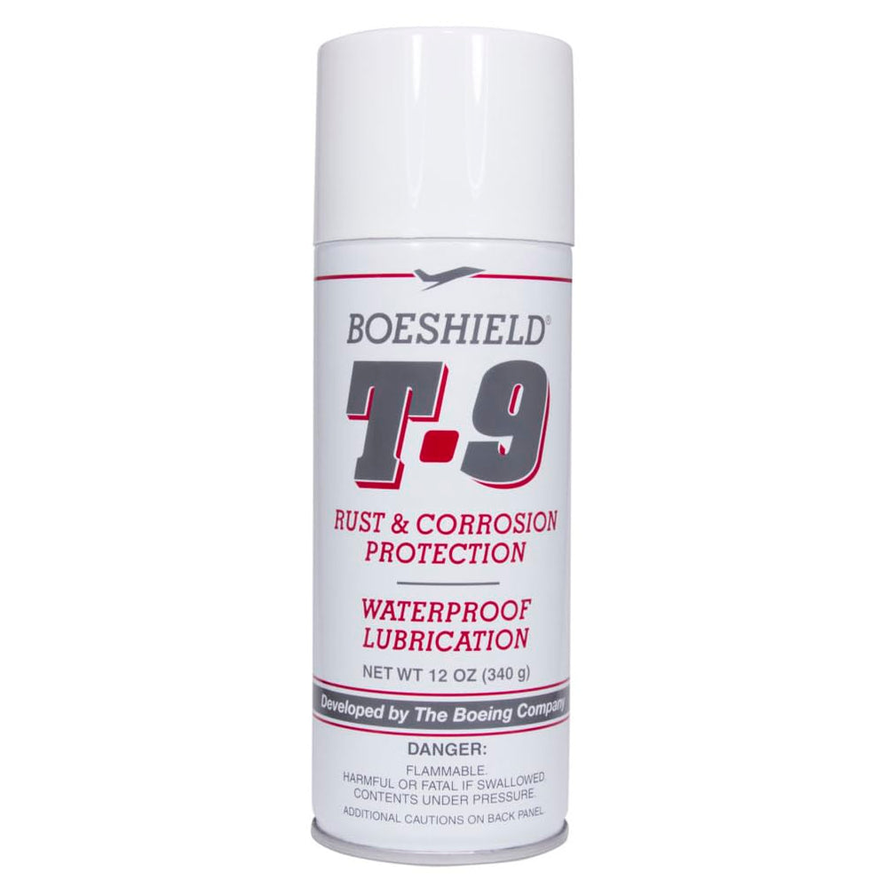 Boeshield T-9 bottle applying a protective wax film to metal surfaces, reducing rust risk.